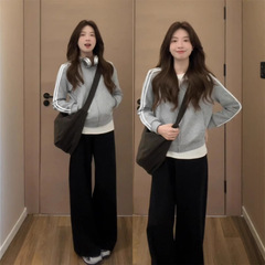 三条杠小个子短款外套女秋冬正肩修身卫衣内搭立领运动上衣棒球服