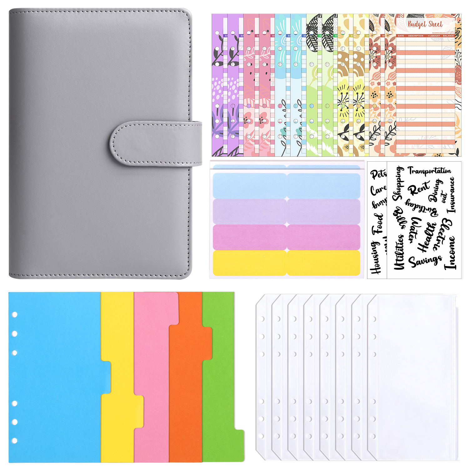 Presupuesto transfronterizo Cash Clip de hojas sueltas Bolsa con cremallera Sobres Libro de cuentas A6 Macarons PU Cuaderno de hojas sueltas de cuero