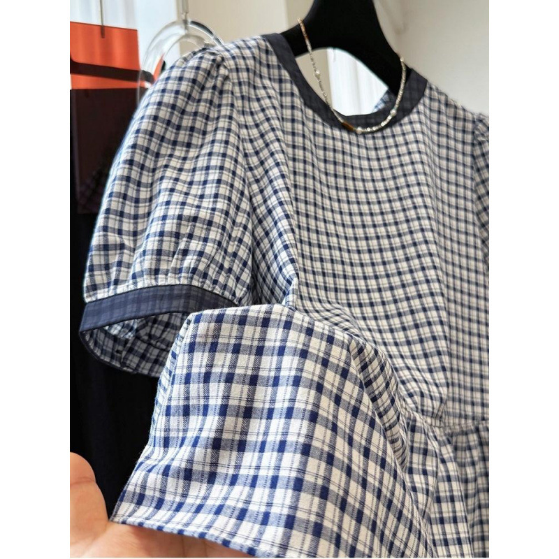 韓国の軽い高級感と年齢を軽減する女性用ラウンドネック半袖ベビードールシャツ、夏のレトロなチェック柄シャツ、超美しいスカートトップ|undefined