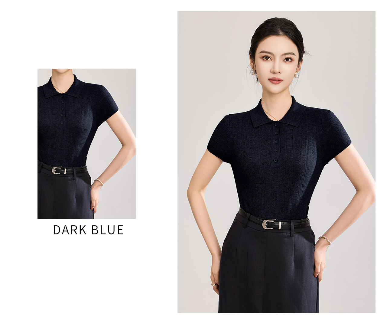 Áo len nữ cổ tròn dệt kim sợi lanh phối lỗ đi làm — màu xanh navy chi tiết 25