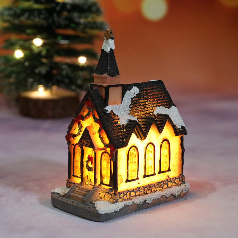 クリスマス新作装飾樹脂製ライト付きミニハウス クリスマスマイクロランドスケープ レトロ装飾置物ギフトライト|undefined