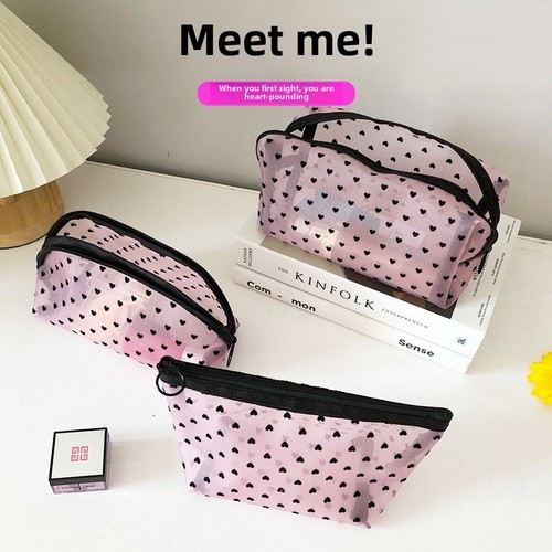 Portable and Professional 5-Piece Set Ins Flocked Mesh Heart Shaped Makeup Bag with Travel Friendly Cleansing and Lipstick Storage
