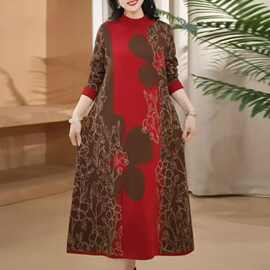 红色减龄针织连衣裙大码过膝秋冬衣裙新款毛衣喜庆民族宽松中长款