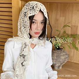 新款时尚女士镂空手工钩花蕾丝名媛多用披肩帽子旅游拍照神器