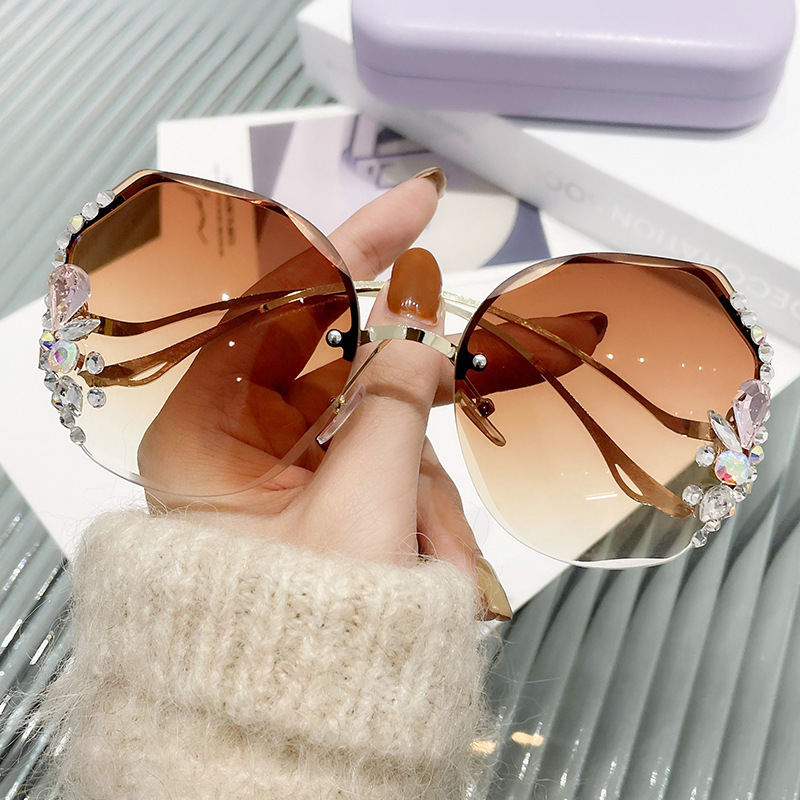 Rimless Sunglasses, Stylish Sunglasses, Big Face, Internet Celebrity, Diamond-encrusted Sunglasses