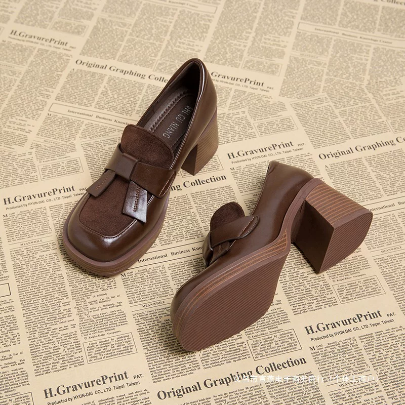 2024 early autumn new British style women's shoes single shoes loafers thick heels high heels popular women's brown small leather shoes