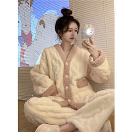 韩国ins冬季新款珊瑚绒可外穿家居服法兰绒长袖保暖睡衣女士套装