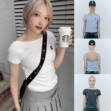 一枝南南同款Rest RR 一字领短款露背修身短袖T恤上衣女