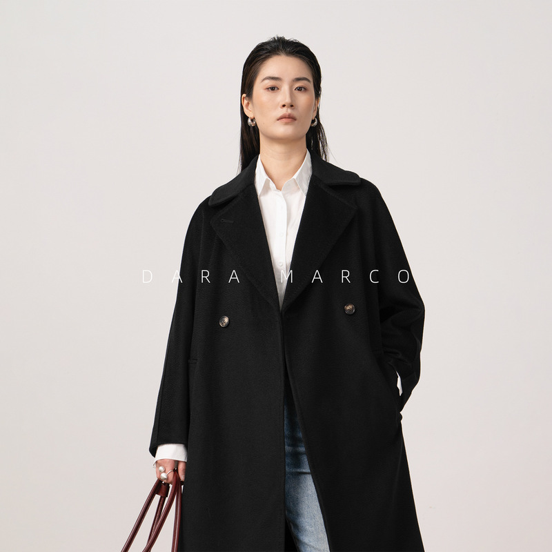 26 Autumn/Winter m Brand High-End Elegant Silky Glossy Double-Breasted Water Ripple Long Wool Coat for Women