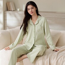 纯棉拉架#秋天季新款双面纯翻领开胸印花双长睡衣女家居服套装冬
