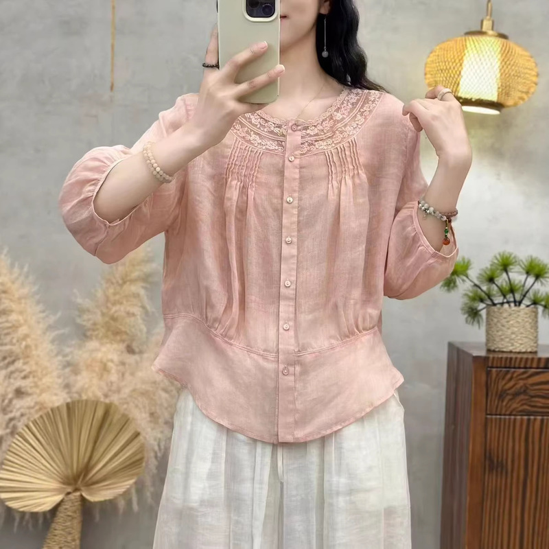 2026 Summer New Style Artistic Lace Ramie Shirt for Women, Retro Loose Round Neck Slimming and Age-Reducing Pullover Top