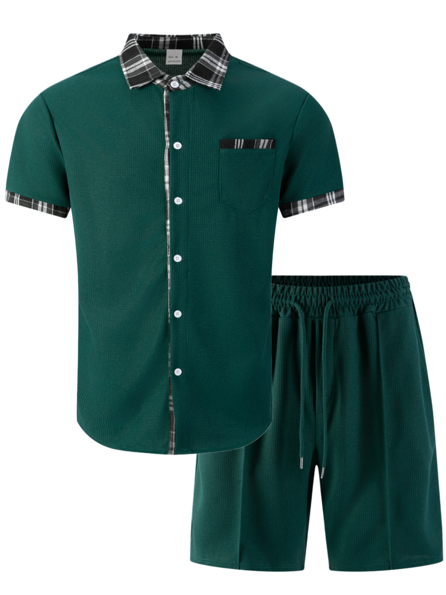 Men's Breathable Waffle Plaid Patchwork Cardigan Shirt And Shorts Set Short Sleeved Casual Suit_viptrois.com