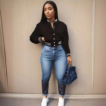 2024跨境外贸春秋欧美女装纯色夹克单排扣棒球服运动外套夹克上衣