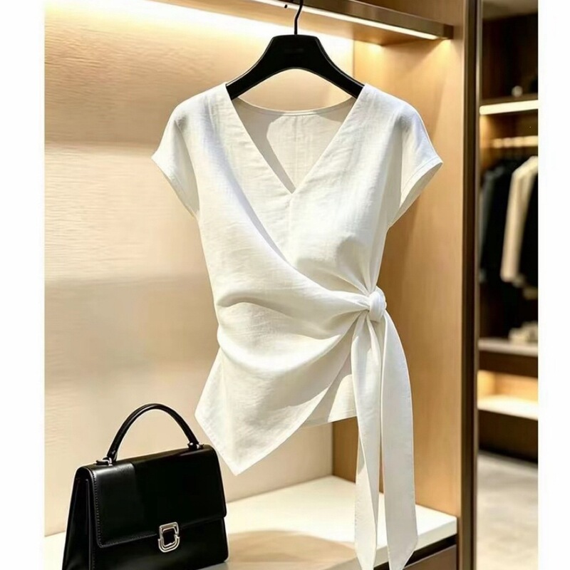 【Shipping Insurance】392 Summer New Irregular Tie Collar Waist-Cinching Shirt for Women with Unique Design in White 【Shipping Insurance】392 Summer New Irregular Tie Collar Waist-Cinching Shirt for Women with Unique Design in White
