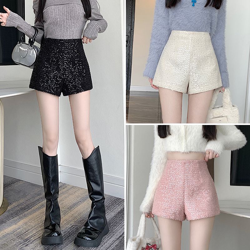 Temperament Small Fragrant Style Shorts for Women 2025 Autumn and Winter New High-Waisted Sequined Sexy Pants with Boots for Outer Wear