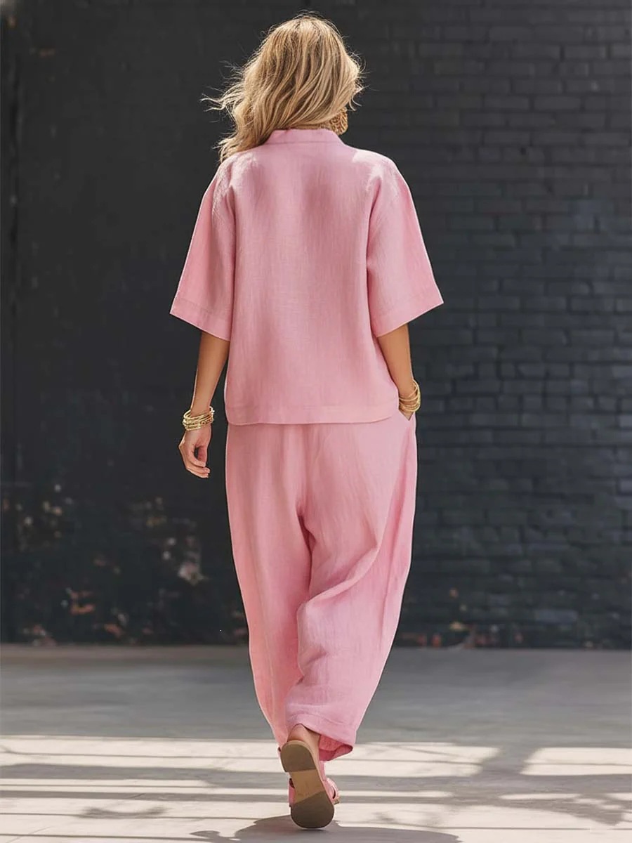 Women's Clothing Women's Solid Color Summer Set V Neck Short Sleeve Top And High Waisted Trousers Two Piece Style Clothing_ecoleips.com