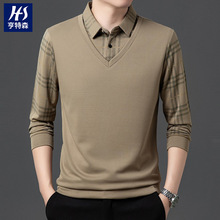春季新款假两件男士t恤长袖翻领商务休闲印花格子时尚男士polo衫