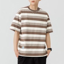 鲲海鹏云重磅条纹t恤男夏季宽松日系打底休闲半袖上衣学生情侣装