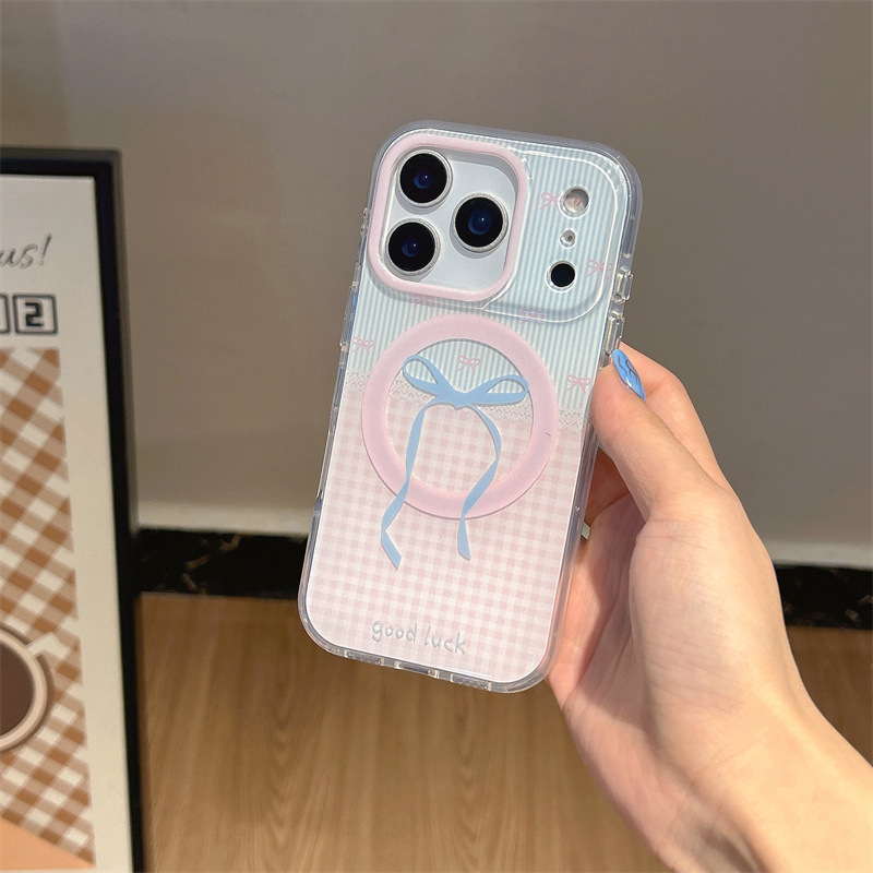 蓝条纹粉格纹蝴蝶结磁吸适用iPhone17苹果16ProMax/15/14手机壳女|undefined