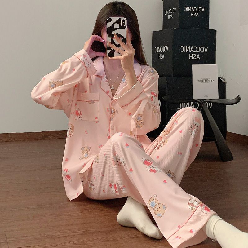 Al por mayor transfronterizo otoño nuevo hilo de hielo pijama camiseta de manga larga con la solapa cardigan ropa de dibujos animados para el hogar encantadora cereza