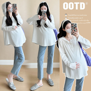 Real Shot of 2025 Spring New Maternity Long-Sleeved Sweet Lace Hooded Splicing T-Shirt Large Size Loose Fashion Top