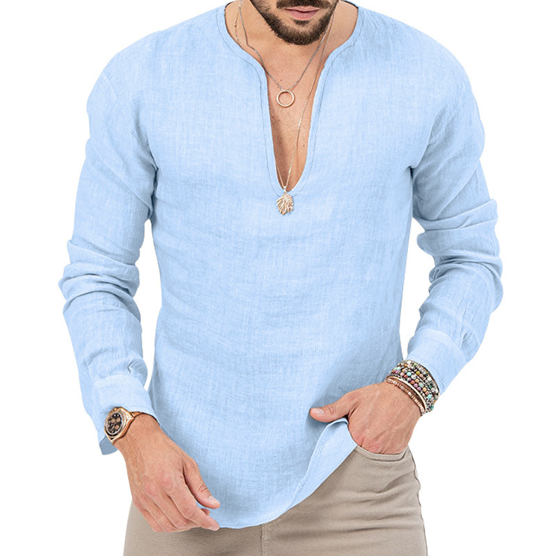 T-shirt homme casual coton lin col en v coupe oversized_voghion.com