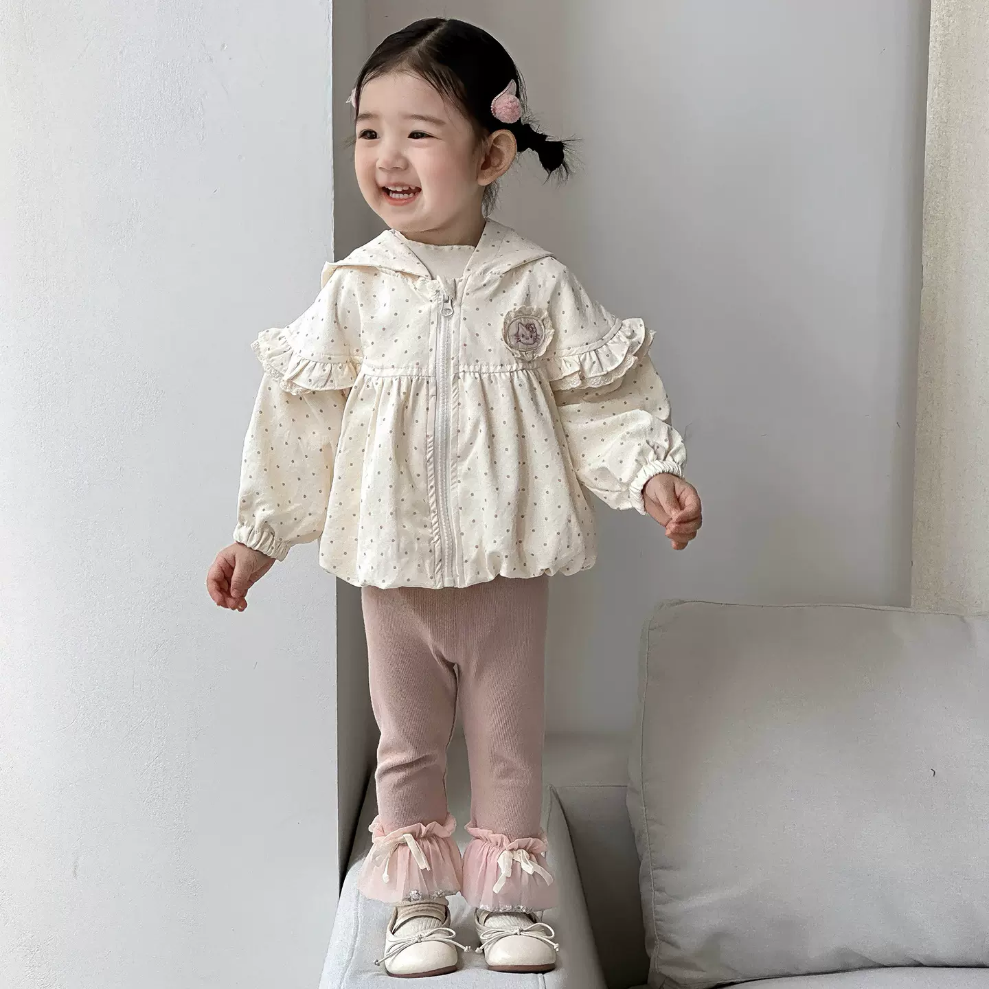 点兮2025秋季新款婴幼儿圆点开衫套装女宝宝连帽外套打底三件套