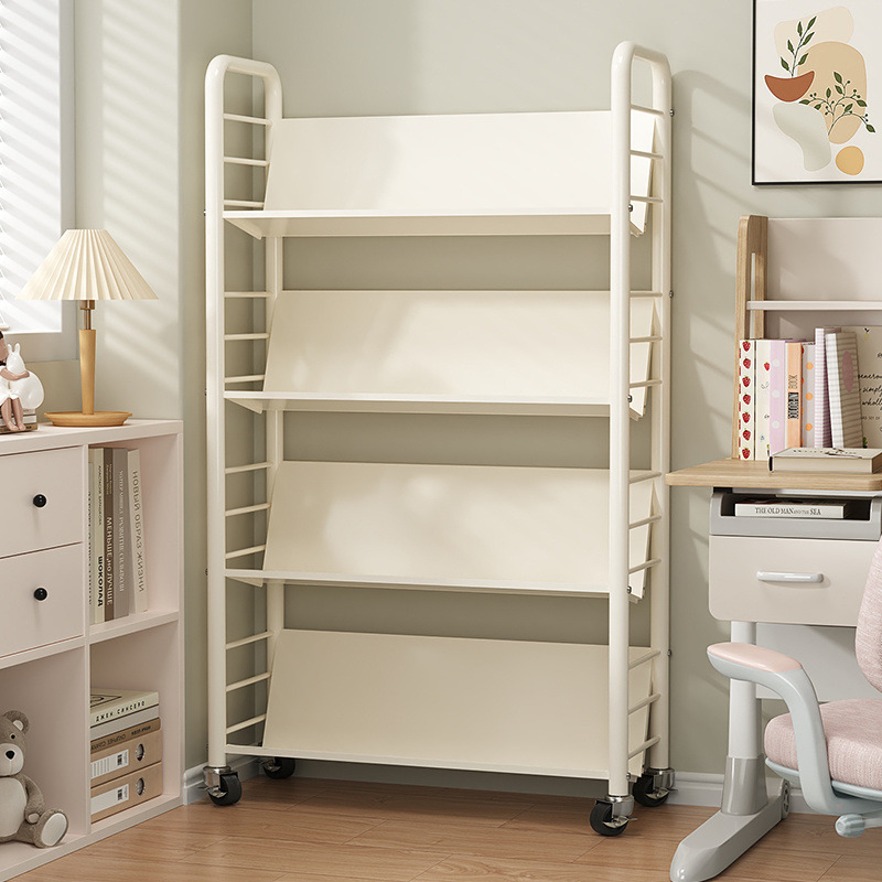 Bookshelf Floor-Standing Storage Rack with Wheels Integrated Wall-Mounted Mobile Children's Books Simple Multi-Layer Iron Storage Cabinet