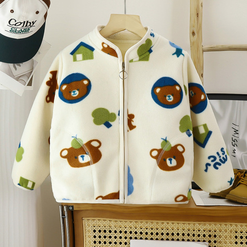 Autumn and winter new polar fleece children's jackets plus velvet thickened printed medium and large children's cardigans fleece tops children's clothing wholesale