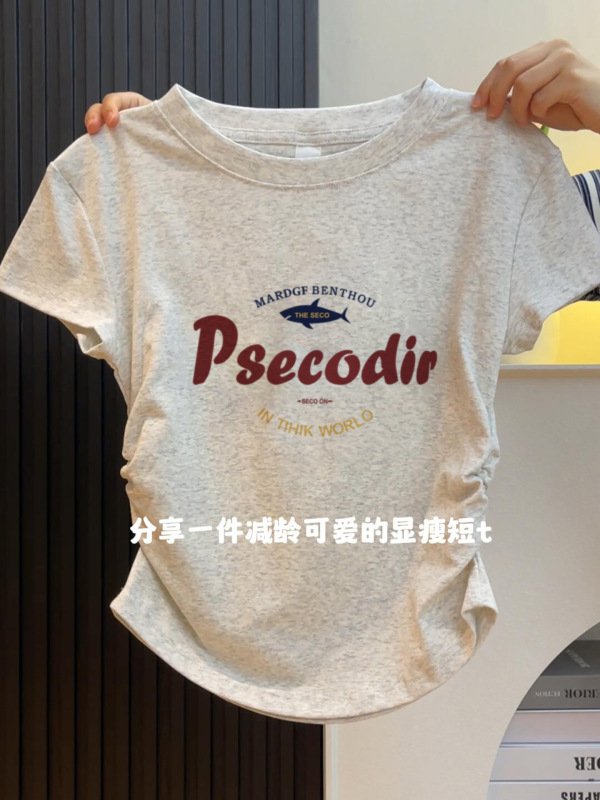 ホットガール不規則なウエストプリーツ半袖Tシャツレディース右肩ボトムシャツ夏スリムフィットプリントトップ|undefined