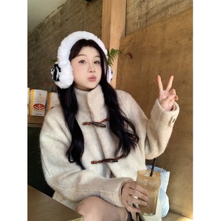 Pphome Horn Button Stand Collar Woolen Outwear Women's Winter Korean Chic Simple Small Stand Collar Mid-Length Cotton Outwear