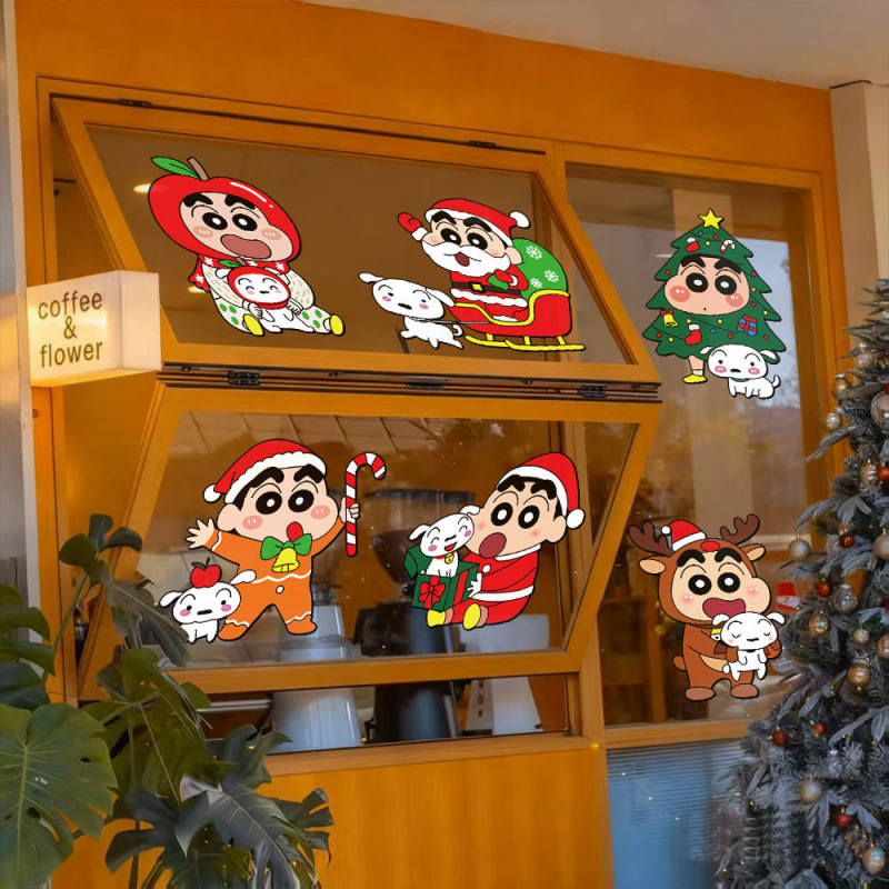 2026新年圣诞节蜡笔小新UV静电贴纸橱窗贴画耶诞节玻璃门贴纸窗花