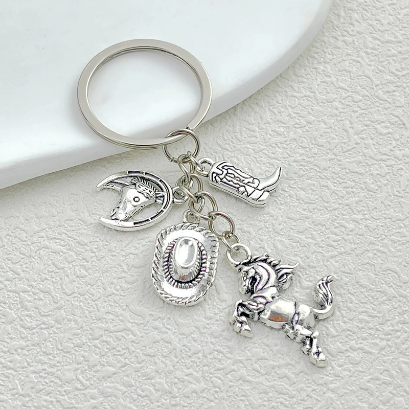 Cross-Border Hot Selling Creative Ancient Silver Western Horse Cowboy Hat Shoes Boots Keychain School Bag Decoration Pendant Aliexpress Wholesale