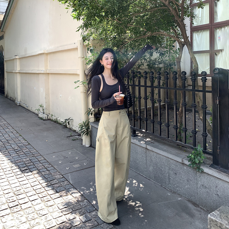 Yunheyu·Thirteen Lines Tall Extra Long Khaki Scimitar Casual Pants Women's Loose Drapey Wide Leg Sickle Pants