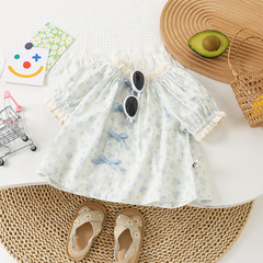 Girls' Summer Dress Floral Print Doll Shirt 2024 New Arrival Pastoral Style Small Clear Lace Trimmed Outerwear Short T-Shirt