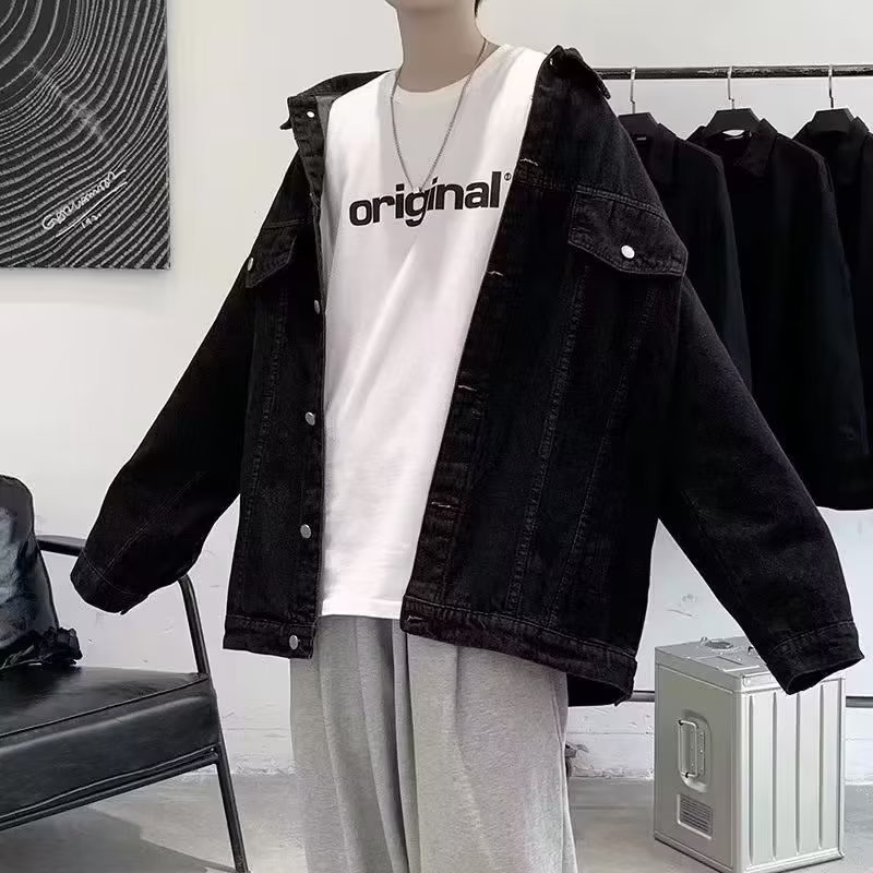 1 Men's Denim Jacket Autumn New Hong Kong Loose Japanese American Style Coat Top_viptrois.com