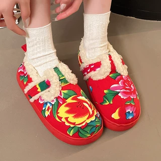 外穿棉鞋女款面包鞋防滑东北大花羊羔绒加厚保暖包跟棉拖鞋女冬季