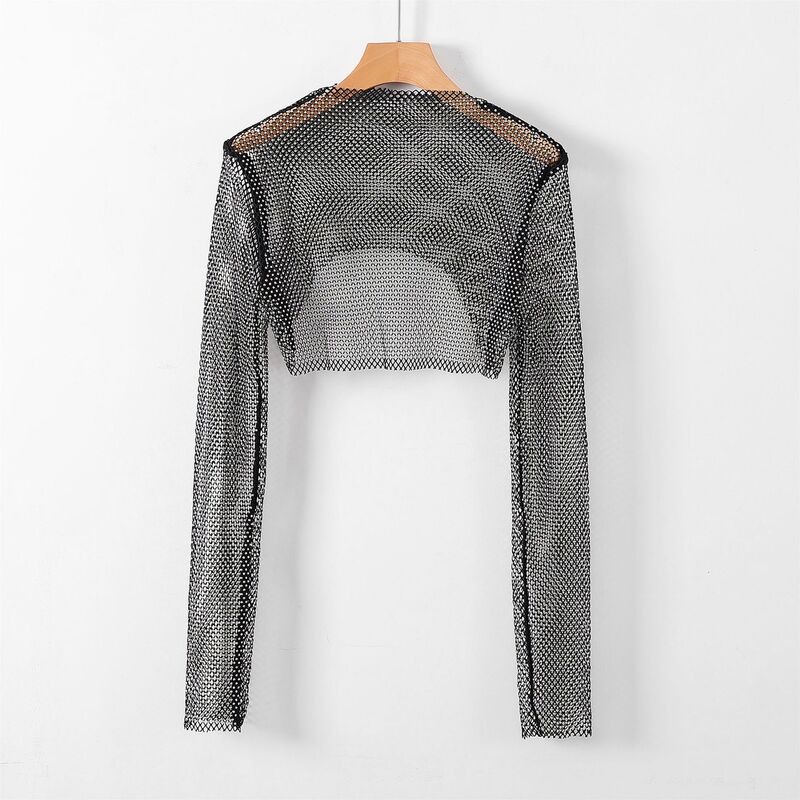 Thin Sexy Colorful Diamond Short Top Mesh Diamond Outer Wear Sun Protection Long-sleeved Shirt Glitter Party Shirt