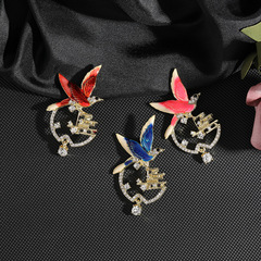 高檔氣質新款中式滴油小鳥胸針鑲水鑽時尚簡約胸花配飾大衣別針女