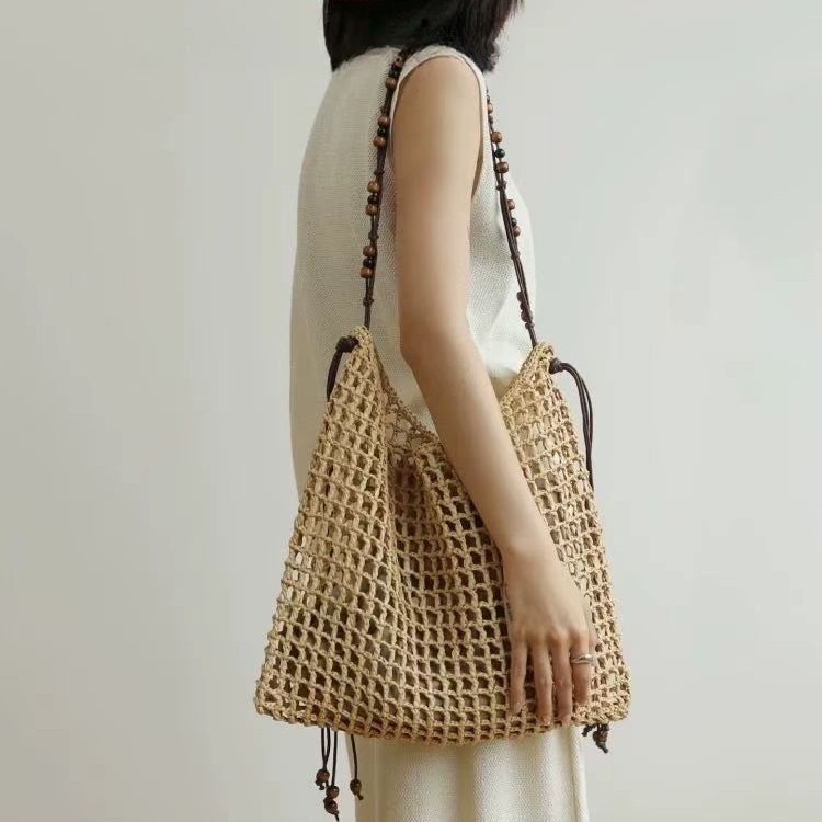 Summer Vacation Style Straw Hand-Woven Tote Bag Raffia Cut Out Bag Women's Shoulder Handbag Large Capacity