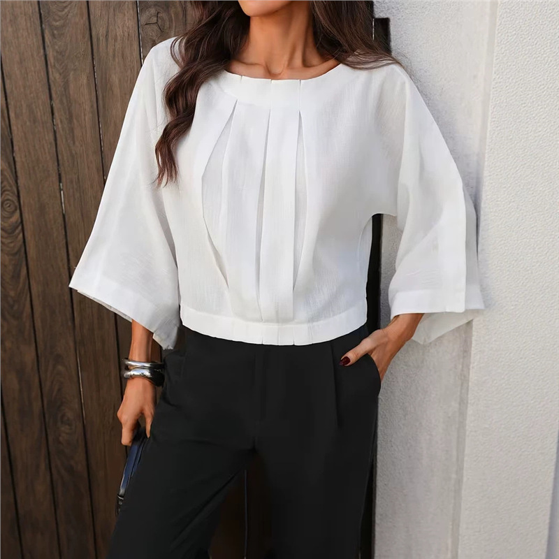 European and American cross-border foreign trade women's clothing elegant fashion commuter boat neck loose casual solid color pleated shirt top European and American cross-border foreign trade women's clothing elegant fashion commuter boat neck loose casual solid color pleated shirt top