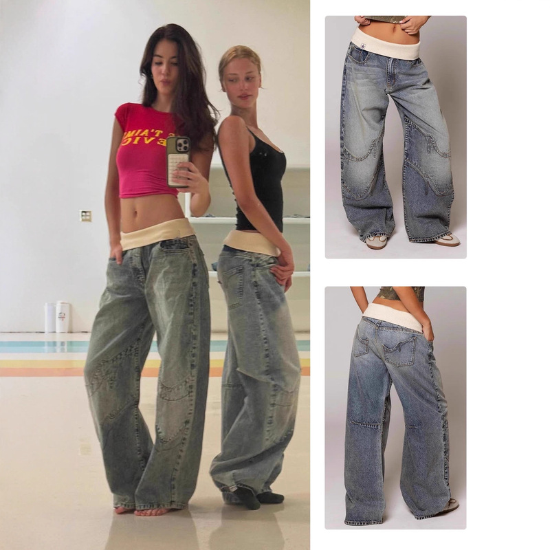Revice Denim Ribbed Waist Straight-Leg Jeans Vintage Distressed Washed Blue Wide-Leg Pants Heavy Embroidery