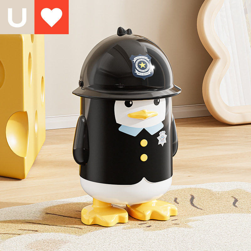 Younai Penguin Police Chief Trash Can Large Capacity Home Storage Bin for Living Room and Bedroom Creative Flip-Top Storage Wastebasket Younai Penguin Police Chief Trash Can Large Capacity Home Storage Bin for Living Room and Bedroom Creative Flip-Top Storage Wastebasket