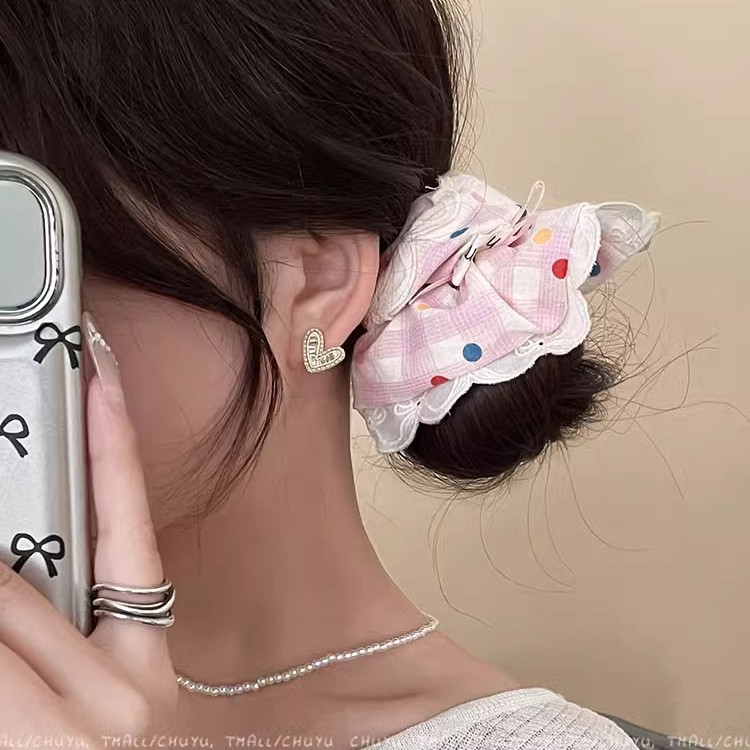 ins韓国風フレッシュインテースヘアゴムシンプルな水玉模様の女性の高級感のある大きなヘアロープヘアアクセサリー|undefined
