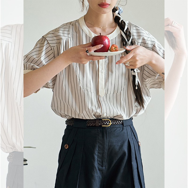 White-Drawing Workroom Black and White Striped Short-Sleeved Shirt Women's Summer French Retro Artistic Round Neck Shirt Top