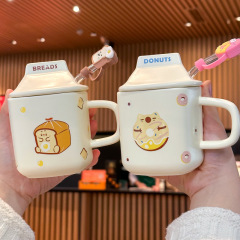 ミルクfufuカップルカップセラミックマグカップ蓋付き男女学生高颜値ミルクコーヒーカップかわいいアニメ