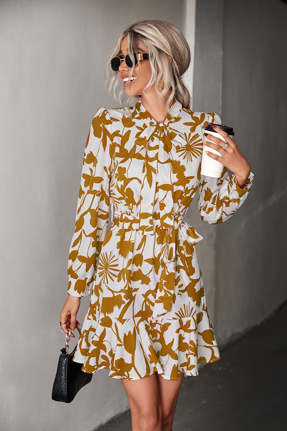 leaves printed long-sleeved floating collar elastic waist dress NSLNZ137709