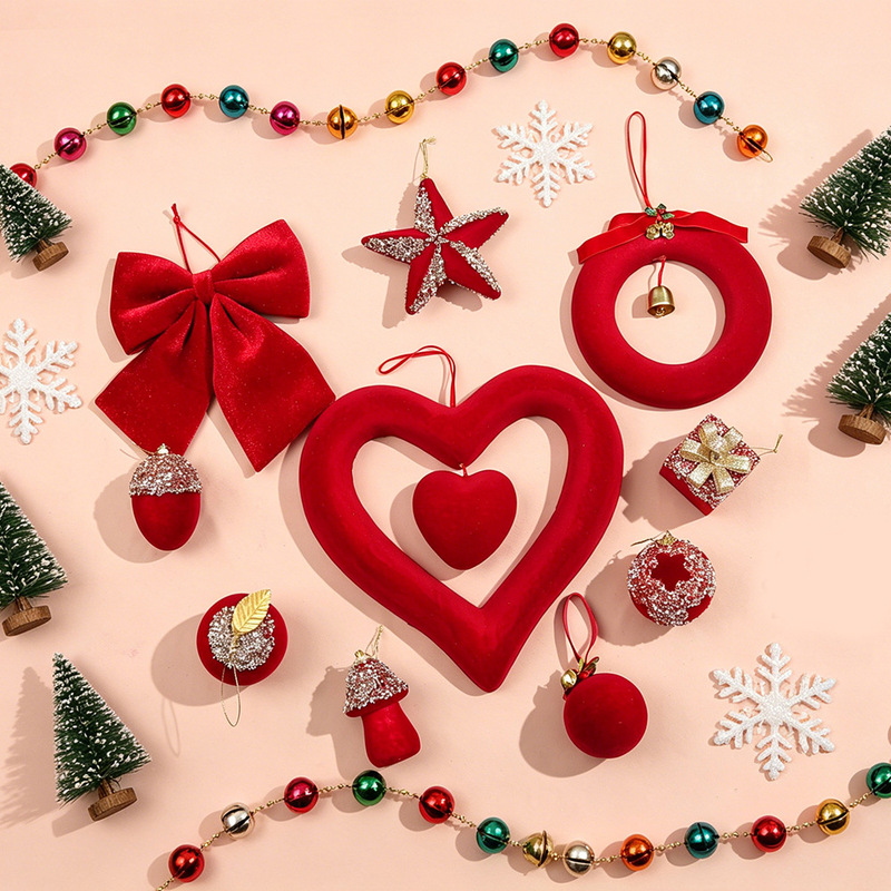 Wine Red Velvet Christmas Ornament Set with Glitter, Irregular-Shaped Balls, Christmas Tree Hanging Decorations, Holiday Decoration Gift Box Accessories