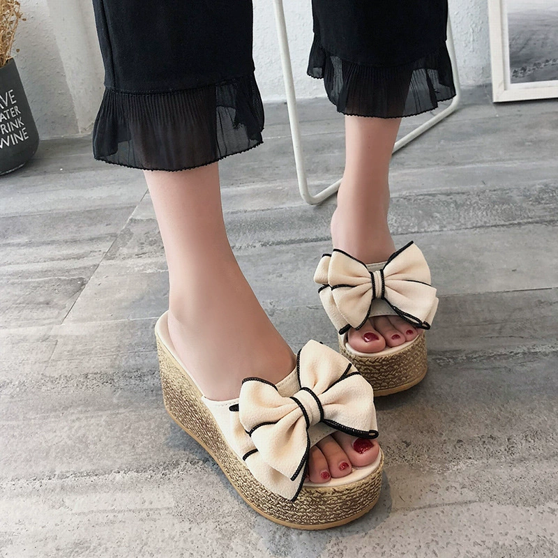 Летние новые тапочки стиля женские сандалии кексов на танкетке с бантом и толстым дном плюс размер пляжные Тапочки