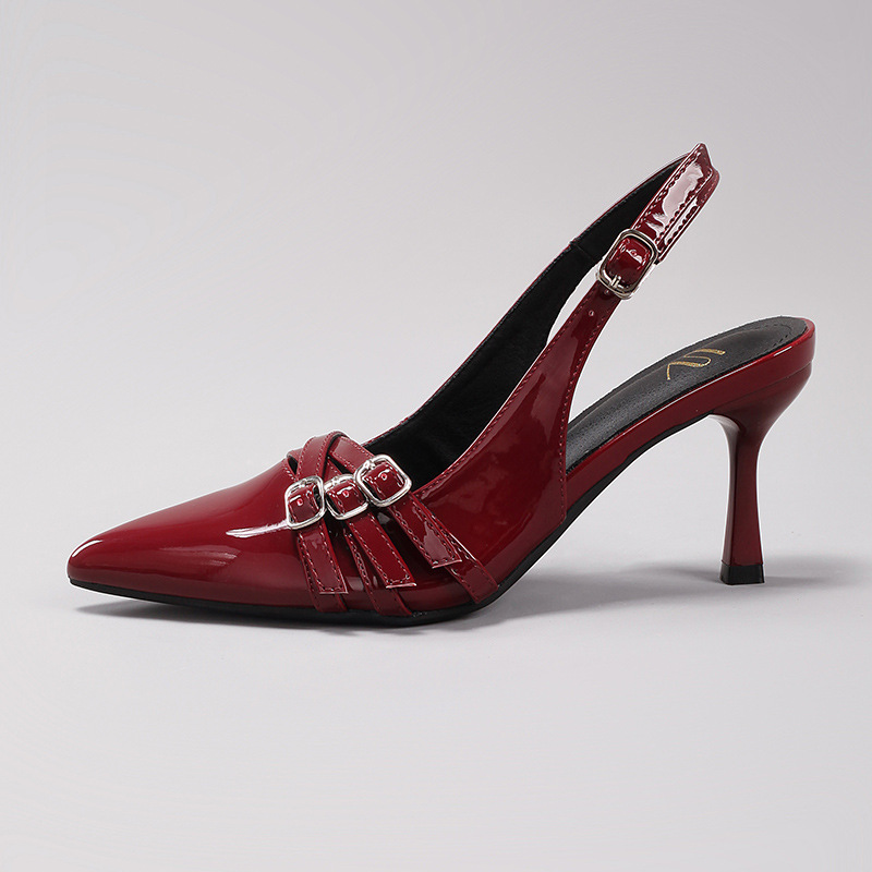 zapatos de tacones altos de mujer hebilla de cinturón de metal decoración vino rojo sexy gatito puntas y sandalias de fiesta de moda transfronterizas